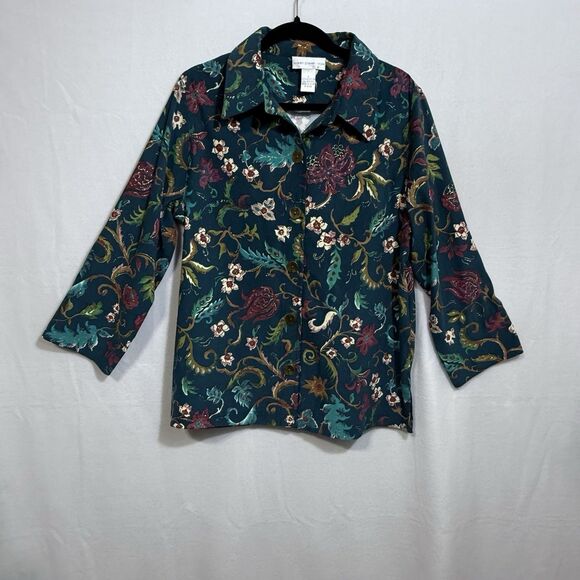 Susan Graver Style Teal Floral 3/4 Sleeve Button Up Shirt Blouse Women's L - Picture 1 of 9